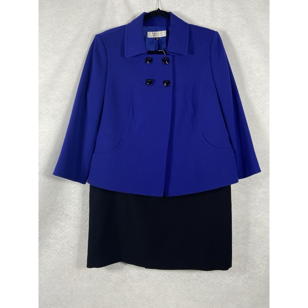Tahari Asl 2PC‎ Skirt Suit Women's 14 Blue Black Blazer Double Breasted